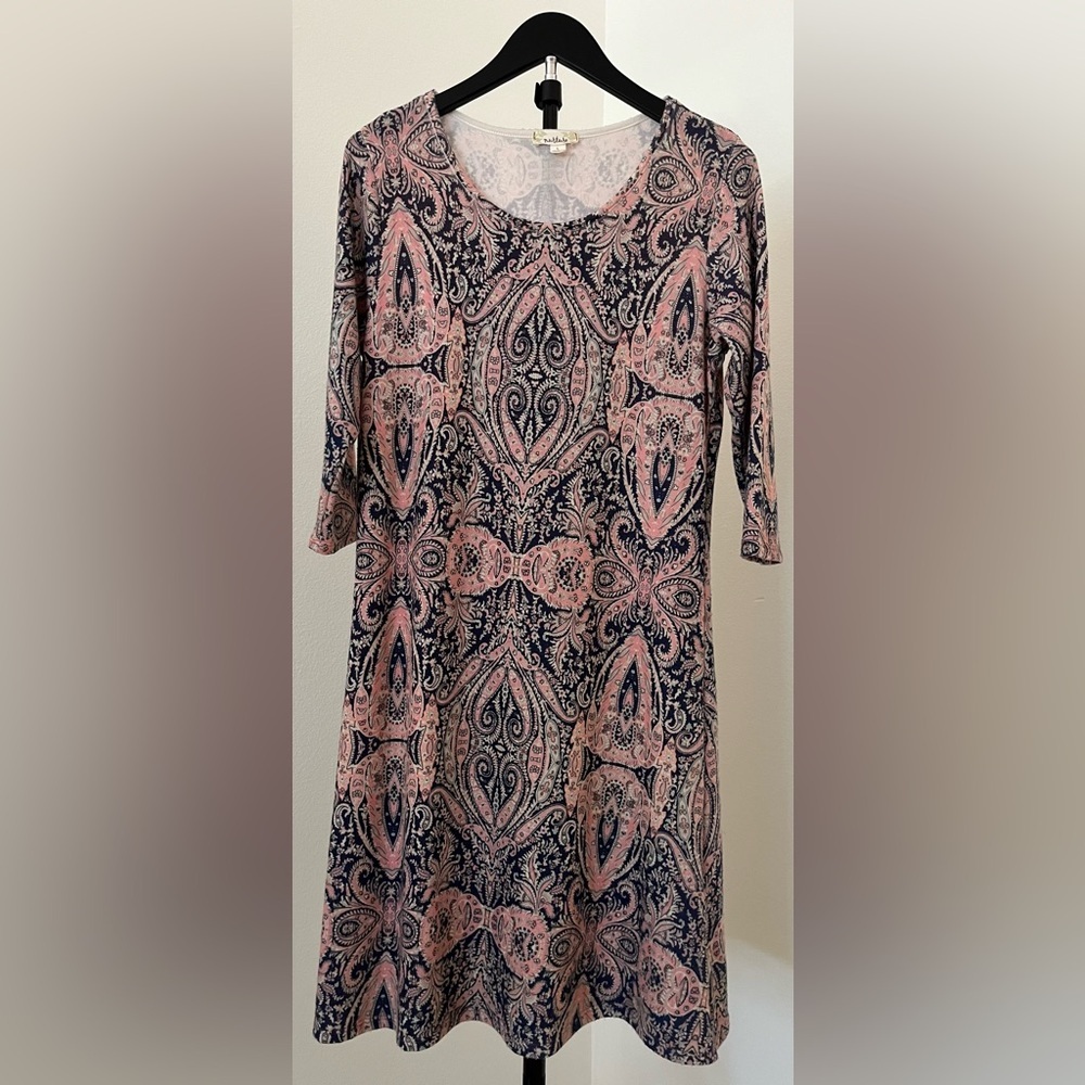 🍂 Nurture Paisley Knit Swing Dress | Pink Navy 3/4 Sleeve Fall Boho | Large